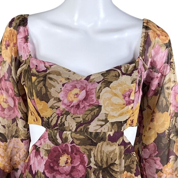 Showpo Women 6 Floral Mini Chiffon Cutout Dress Long Puff Sleeve Sweetheart Neck - Picture 4 of 16